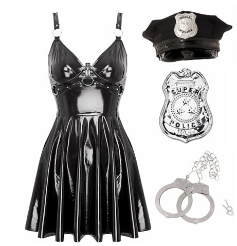 Jugaoge Dam sexig poliskostym lack läderklänning med polis mössa och kostymtillbehör sexig läderklänning utsvängd kjol halloween party cosplay kläder