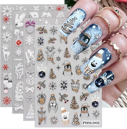 JMEOWIO 6 Sheets Christmas Nail Art Stickers Decals Self-Adhesive Snowflake Winter Holiday Gold Cute Nail Supplies Nail Art Design Decoration Accessories