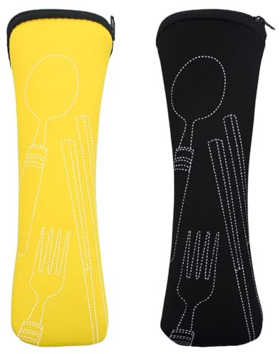 JJHXM 2 Pezzi Borsa per Posate da Viaggio Portatile 20*6.5cm, Portaposate con Cerniera per Campeggio, Picnic (Nero, Giallo)