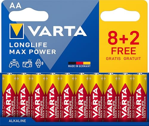 VARTA Batterien AA, 8+2 (10 Stück), Longlife Max Power, Alkaline, 1,5V, ideal für Digitalkamera, Controller, Verpackung zu 90% recycelt, Made in Germany