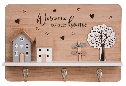 UNUS Schlüsselhalter Welcome to our Home Holz Wanddeko, Schlüsselaufbewahrung, Wandhalterung, rustikale Dekoration, Flur & Eingangsbereich Accessoire