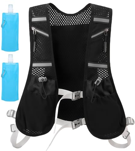 Gilet de course pour homme et femme : WIYETY Sac à dos d'hydratation réfléchissant ultra léger avec 2 bouteilles d'eau de 480 ml, gilet d'hydratation réglable pour la course, le cyclisme, les