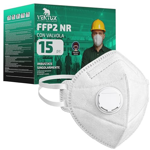 VENTUX SAFETY EQUIPMENT FFP2 con Valvola - 15 pezzi - Mascherine FFP2 con Lacci Nucali - Mascherina con Valvola di Filtrazione Vertificata EN 149