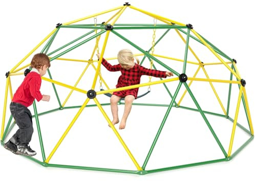 Maxmass 10FT Kids Climbing Dome, Children Climber Monkey Bars with Swing, Outdoor Indoor Toddler Climbing Frame Jungle Gym Play Center for 3-12 Years Old, Up to 350KG (Green+Yellow)