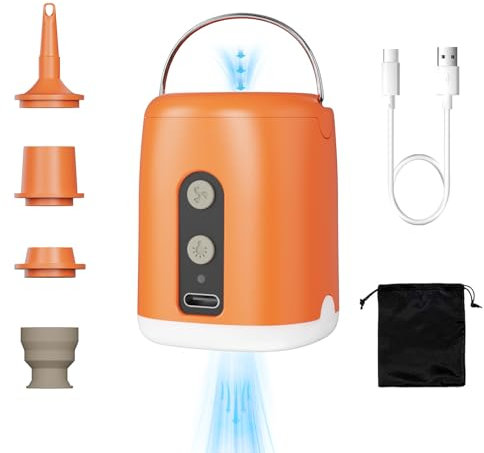 Pompa Elettrica per Materasso Gonfiabile, Gonfiatore Elettrico Portatile 4.5kPa con 4 Ugelli, Gonfia e Aspira, USB Ricaricabile, con Luce LED, Pompa per Materasso Gonfiabile (Arancione)