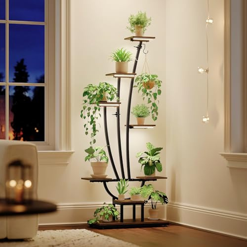 Trironsun Supporto per piante con luce di crescita - Scaffale a 7 livelli in metallo e legno - Supporto alto per fiori per interni, soggiorno, balcone o giardino
