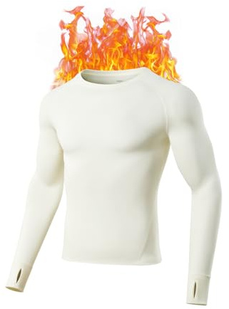 gagli Men's Thermal Underwear Tops Fleece Lined Long Sleeve Thermal Shirts Soft Warm Base Layer for Cold Weather, Crewneck, Lightweight Running Undershirt Cream White