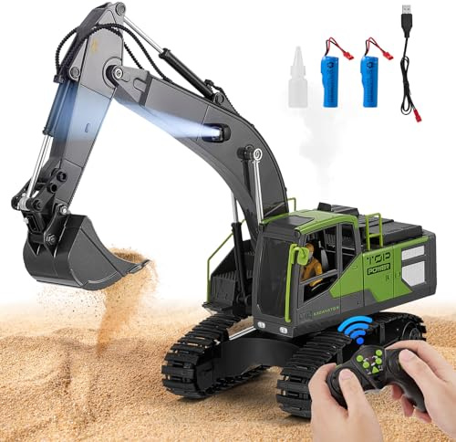 Trsaow Remote Control Excavator RC Digger Tractor Toys for Boys 13-Channel 2.4GHz 1:18 Scale Remote Control Truck with 680° Rotating Cab LED Light & Spray 50 Min Play with 2 Batteries Alloy Bucket