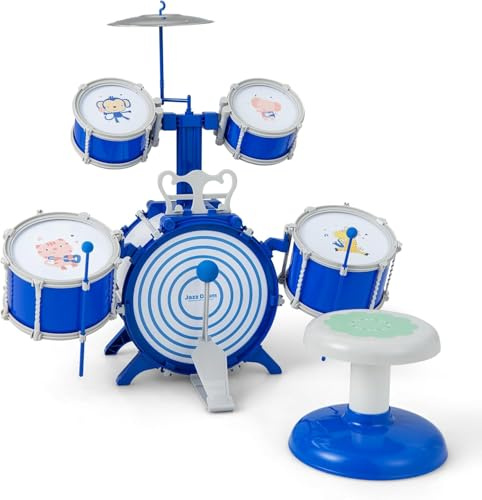 DREAMADE Kinder Schlagzeug, Trommel Set mit Schlagzeugstöcken, Hocker, Notenständer & Fußpedal, Percussion Musikinstrument Spielzeug für Kinder ab 3 Jahren