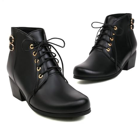 KUHAOFEU Botines Cortos de Mujer con Cordones, Punta Redonda, cómodos, con tacón bajo, Ideales para Vestidos,Negro,37 EU