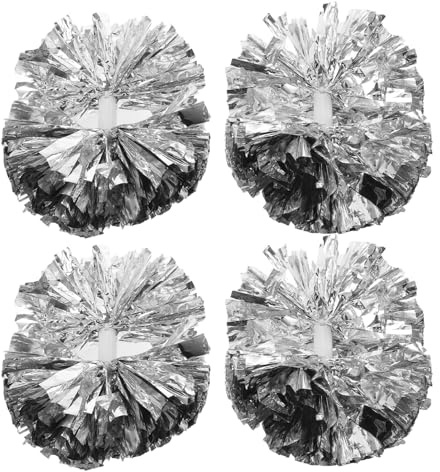 SMASOLO Lot de 4 Pompons de Cheerleading Métalliques Argentés Extra-Larges avec Poignée Antidérapante, Accessoires Portables pour Pom-Pom, pour Compétitions Sportives, Spectacles de Danse