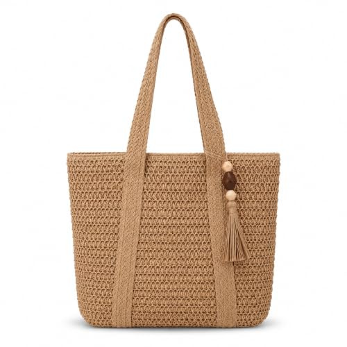99 Jackets Summer Beach Bag for Women, Large Capacity Tote Bag, Handmade Straw Shoulder Handbag (Khaki with Tassel)