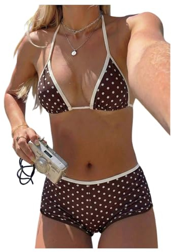 Women's 2 Piece Polka Dots Swimsuits Y2k Halter Triangle Bikini Top with Boyshorts Beachwear(X-Large)