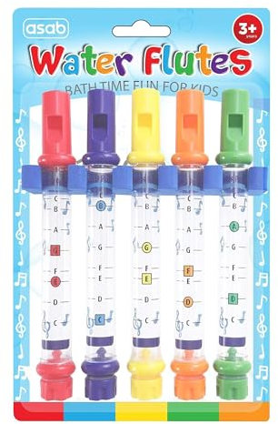 ASAB Pack of 5 Bath Water Flutes with Waterproof Whistles Music Sheets Musical Bath Time Toys With Adjustable Sound Foam Holder Children Bath Toys Mixed Colour Plastic Kids Flutes Easy to Clean