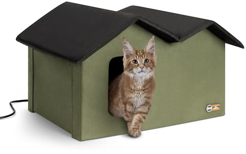 K&H Pet Products Extra-Wide Heated Cat House for Outside, Outdoor Cat House with 2 Safe Escape Doors, Weatherproof Insulated Stray & Feral Shelter with Waterproof Heated Bed, Safety Listed - Olive