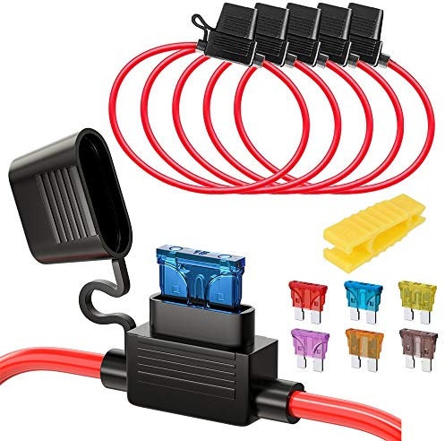 Gebildet 5pcs 16AWG Sicherungshalter mit Draht für KFZ LKW, 32V 20A Inline Flachsicherung Wasserdicht Halter, mit 6-teiligen Standard Mittel Flachsicherungen (3A /5A /7.5A /10A /15A /20A)