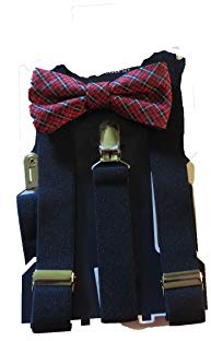 Chaps Boys Red Navy Plaid Bow Tie and Black Suspender