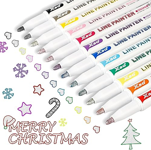 ABEIER Glitter Pens Outline Marker Pens,12 Double Line Outline Pens Metallic Markers Pens,Gifts for Metallic Markers Pens for Arts and Crafts, DIY Projects, Greeting Cards,Nail