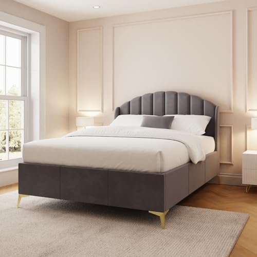 GFW Pettine Ottoman Bed Double, Padded Plush Velvet & Hardwood Frame, Scallop Shell Winged Headboard, With Hydraulic End Lift For Under Bed Storage