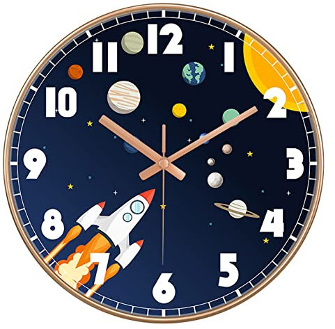 Wanduhr Kinder Lautlos, 30cm, Kinderwanduhr, Astronaut, Rakete, Weltraum Kinderuhr als Lernuhr Wanduhr, Kinder Uhr für Jungen und Mädchen (30cm Roségoldener Rahmen,A179)
