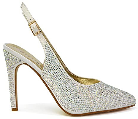 Womens Bridal Shoes Satin Diamante Ladies Slingback Party Point Toe Court Shoes Size 3-8 Ivory