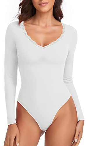 WOWENY Body da donna elegante in pizzo a maniche lunghe con scollo a V Body sexy a maniche lunghe Camicia a maniche lunghe da donna (bianco, S)