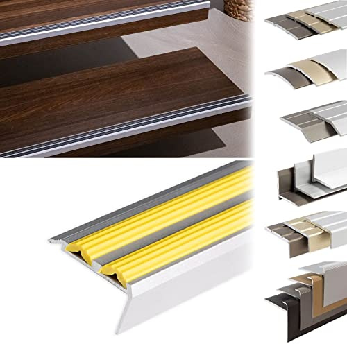 KARAT Perfil de borde de escalón, aluminio, antideslizante, con material de montaje, perfiles angulares (Powergrip doble goma, amarillo, 900 x 42 x 20 mm, preperforado)