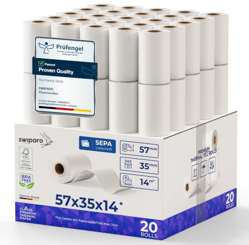 SWIPARO - Ec-Cash termopappersrullar 57 mm x 14 m x 12 mm - kassarullar - termopapper - kvittorullar för bankomat - kreditkortläsare med SEPA-betalningstext (50 st)