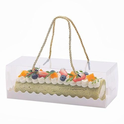 YankMooM 10 Pcs Clear Swiss Roll Cake Box,27.5 x 11 x 9.5cm Large Transparent Cake Box Rectangle Dessert Boxes with Handle for Cake Bakery Party Christmas and Wedding Party Favors