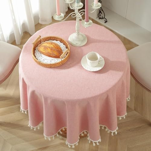 meioro Rund Tischdecke Volltonfarbe Tischwäsche Quaste Tischdecken Baumwolle Leinen Tablecloth Tischtuch Geeignet für Home Küche Dekoration(Rot,Durchmesser 150cm)