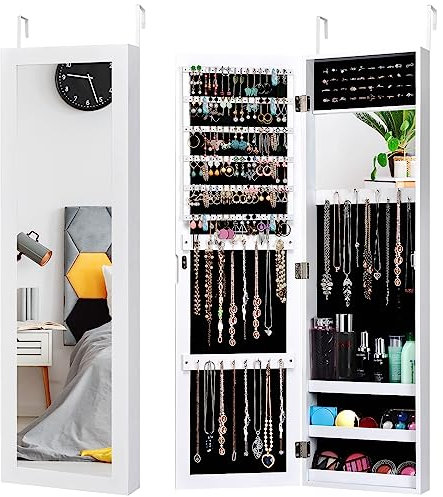 RELAX4LIFE Armoire à Bijoux Murale Suspendue avec Miroir Pleine Longueur, Miroir Porte Bijoux avec 3 Garde-corps, Porte Magnétique & Doublure Velours, 31,5X8,7X110 CM (Blanc)
