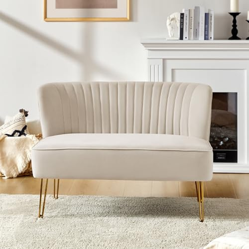 HULALA HOME 2 Seater Sofa, Velvet Upholstered Loveseat, Modern Couch with Golden Metal Legs for Living Room Apartment Small Spaces, TAN