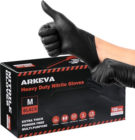 ARKEVA Black Nitrile Disposable Gloves 6 Mil. Chemical Resistance, Tear-Resistance, Latex & Powder Free (100, Medium)