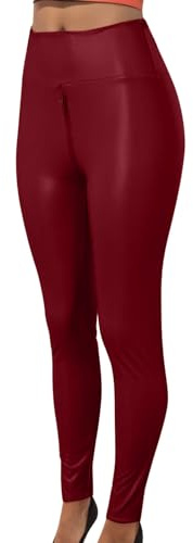 Leather Leggings for Women Faux Pants High Waisted Butt Lift Zip Open Crotch Slim Fit Full Length Tight Y2K Punk Gothic Streetwear Festival Party Night Clubwear Wine