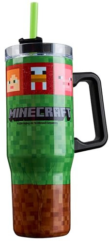 Minecraft Trinkbecher mit Deckel und Strohhalm 940ml, Thermobecher mit Henkel Doppelwandig Isoliert, Hält 17h Kalt, 8h Heiß & 45h Eisgekühlt