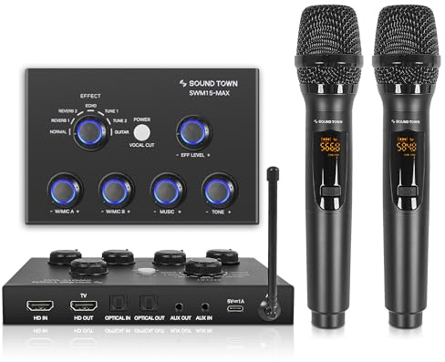 Sound Town 16 Channels Wireless Microphone Karaoke Mixer System w/ 2 Wireless Mics, HD ARC, Optical (Toslink), AUX, Supports Smart TV, Media Box, PC, Bluetooth, Soundbar, Receiver (SWM15-MAX)