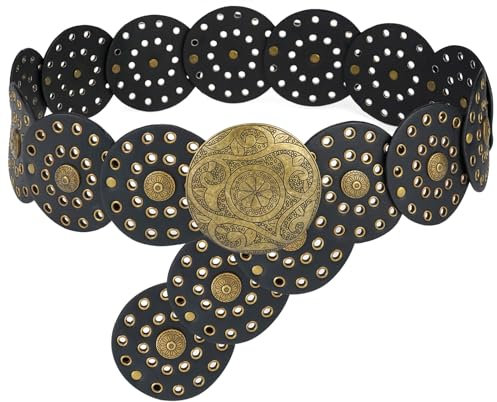 LIMHOO Breite Scheibengürtel für Damen Leder Aushöhlen Runde Gürtel Boho Western Taille Gürtel (A Schwarz Groß)
