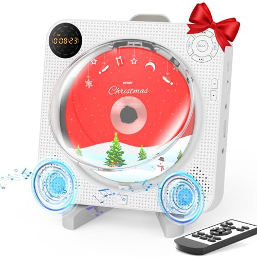 DESOBRY Reproductor de CD Portátil con Bluetooth, Reproductor de CD de Pared con Altavoces, Pantalla LED Frontal, Mando a Distancia, Soporta FM/USB/AUX