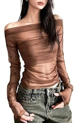 KIJSKKOPO Maglia A Rete da Donna, Top Sexy con Spalle Scoperte, Maglietta Trasparente Arricciata, Top A Maniche Lunghe da Donna, vestibilità Aderente, Maglietta Trasparente, Camicetta, Tunica, Fest