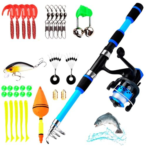 Angelset für Kinder, 1.8m Kinderangel Set, Angelset Komplett Anfänger, Kinder Angelset mit Angelrolle und Köder Set, Teleskop-Angelrute, Angel Zubehör für Kinder