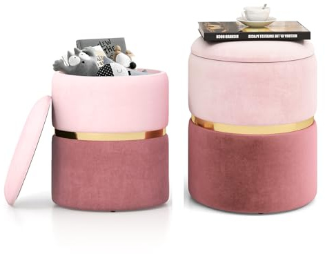HOMASIS Set di 2 Pouf Contenitore Rotondo, Puff Poggiapiedi in Lino Bicolore, Sgabello Imbottito da Trucco con Coperchio Rimovibile per Salotto, Camera da Letto, Ingresso, Portata di 150 kg (Rosa)