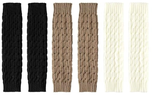 Manschett dam 3 par – varma vinterben varmare och benvärmare för kvinnor och flickor, stickade korta manschetter i svart, grå, khaki – bekväm, stretchig, snygg för höst och vinter