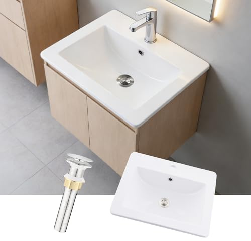 BoomHoze Bathroom Sink Plan 500 mm, White Ceramic Countertop Basin, 53x46x17 cm, 17 cm Bowl Depth, Wash Basin with Overflow, Stainless Steel Pop-up Drain, Pipe Kit, Furniture-Mounted