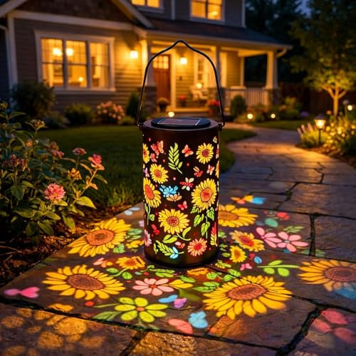 Colorful Sunflower Glow Solar Garden Lantern, Hanging Colorful Sunflower Solar Lanterns with Colorful Projection, Waterproof Metal Lanterns Decorative Outdoor for Yard, Patio, Porch, Garden
