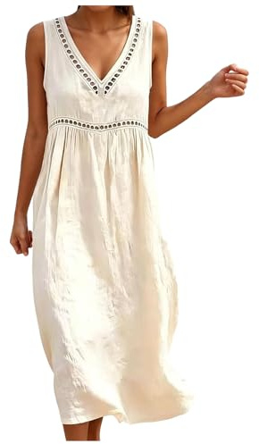 Vestidos De Lino Verano 2026 Mujer Cuello V Cintura Alta Sin Mangas Vestido Largo Suelto De Algodón Cómodo Fresco Transpirable Y Elegante para Playa Vacaciones Ocio Y Verano
