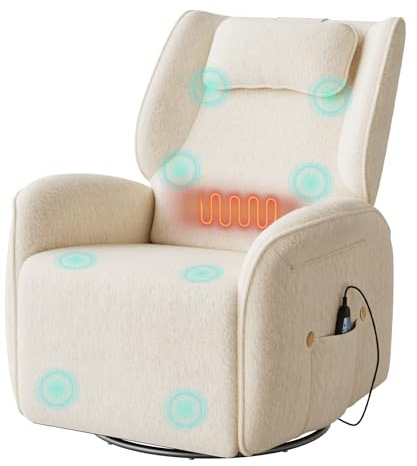 WOLTU Sillón Reclinable, de Masaje con Calefacción en Zona Lumbar, Beige | Sofá Relax Giratorio Tapizado en Chenilla, Reposacabezas, Bolsillos, Puerto USB, Capacidad de Carga 150 kg