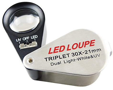 Juwelier Lupe, 30X Vergrößerung Beleuchtete Juwelierlupe, Metall Faltbare Schmucklupe mit 6 LED & UV Licht Taschenlupe für Uhrmacher Juwelier 21mm Lupen für Edelsteine, Schmuck, Münzen, Briefmarken