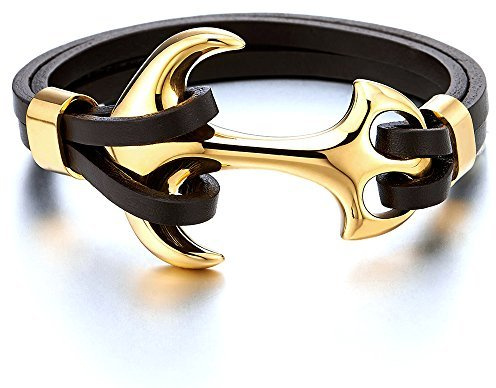 COOLSTEELANDBEYOND Mens Large Stainless Steel Gold Color Marine Anchor Bangle Bracelet Genuine Brown Leather Wristband