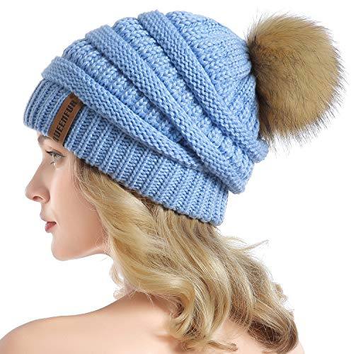 QUEENFUR Women Knit Slouchy Beanie Chunky Baggy Hat with Faux Fur Pompom Winter Soft Warm Ski Cap Sky Blue