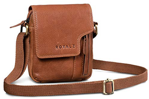 ROYALZ 'Columbus' Echtleder Herren Umhängetasche Klein Leder - perfekt als Alltagstasche für Männer - Schultertasche im Vintage Look Mini Messenger Bag zum Umhängen, Farbe:Texas Braun